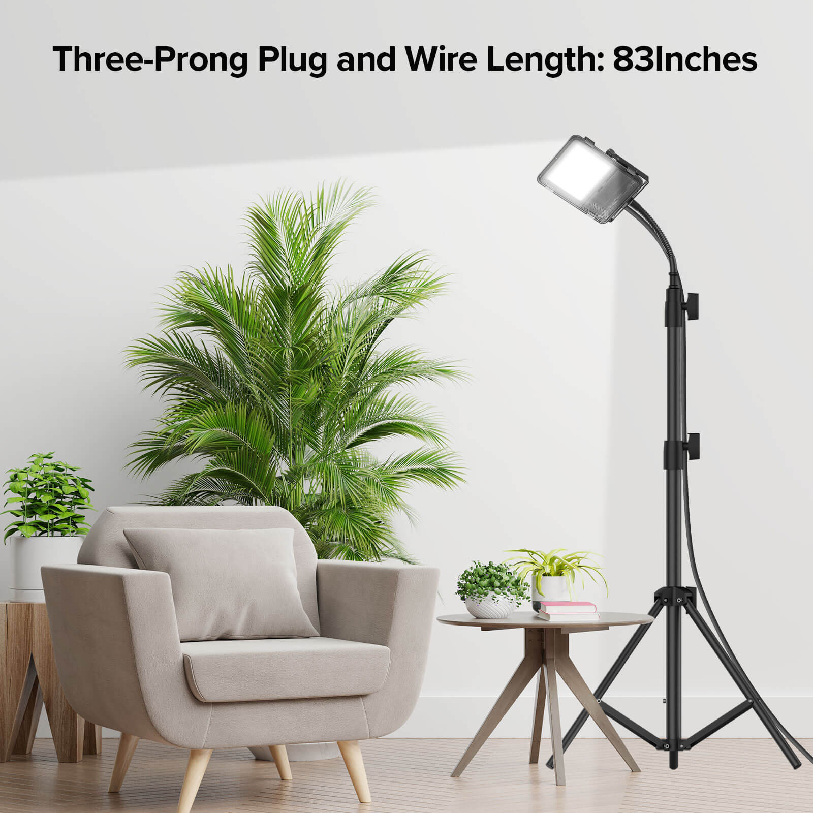 30W LED Grow Light With Tripod Stand，With Three-Prong Plug and Wire Length: 83 Inches.