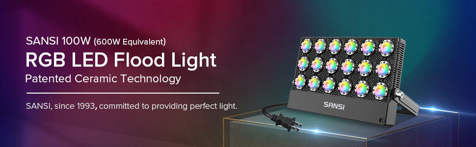 SANSI 100W(600W Equivalent) RGB LED Flood Light，Patented Ceramic Technology.