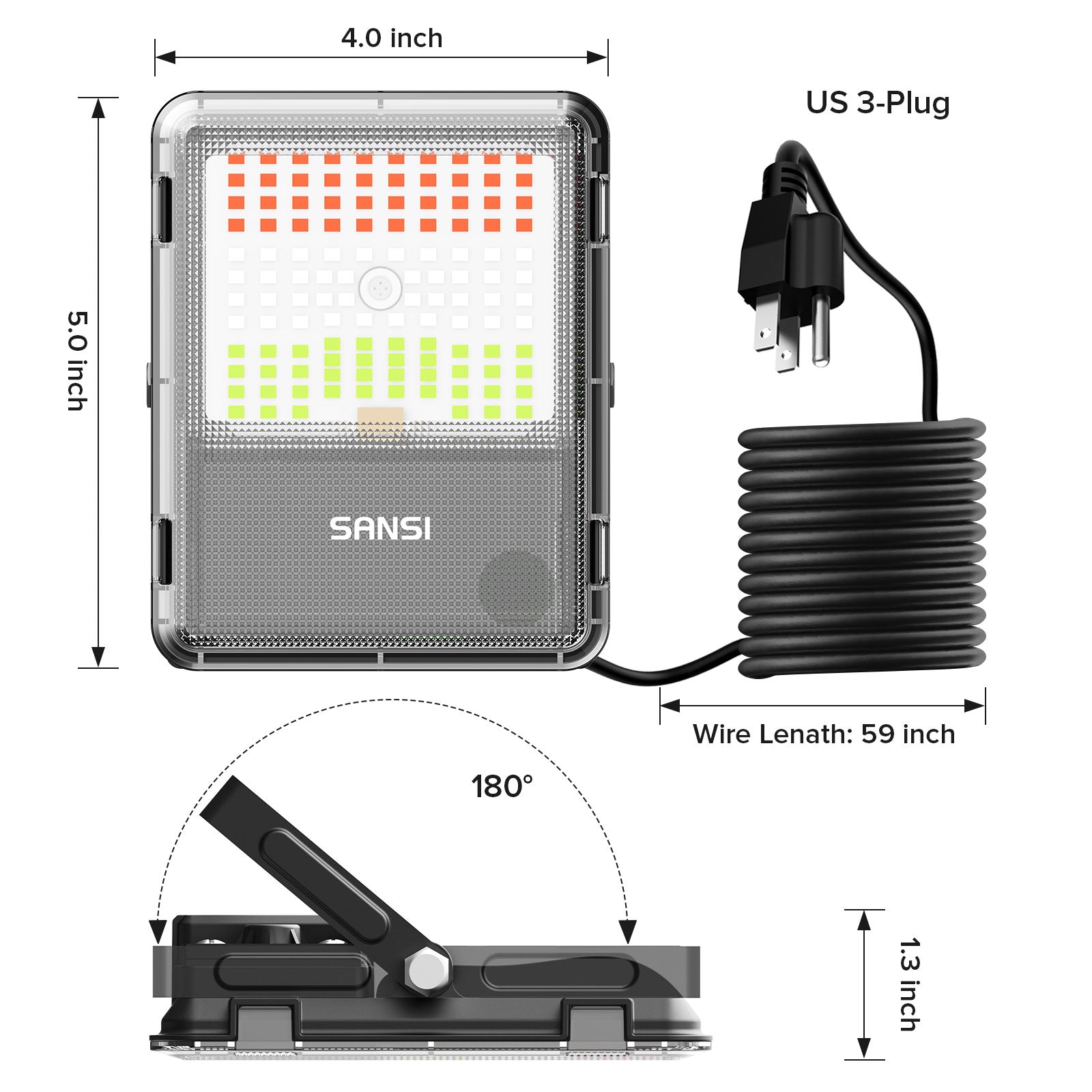 Size information and plug information for 120W RGB Led Flood Light (US ONLY) .