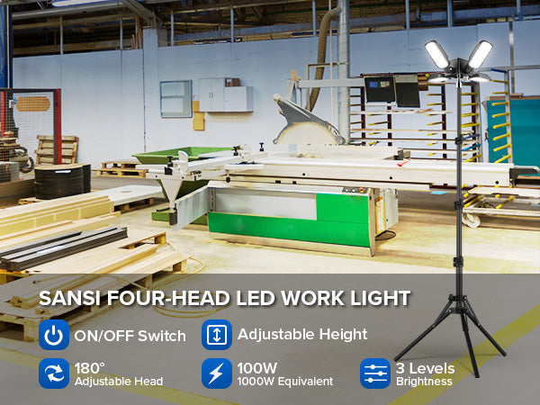 100W work light with 4-head, adjustable height, 180° adjustable head, 3 levels brightness