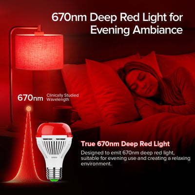 SANSI A19 10W red light bulb for sleep therapy emitting 670nm deep red light, creating a calming evening ambiance.