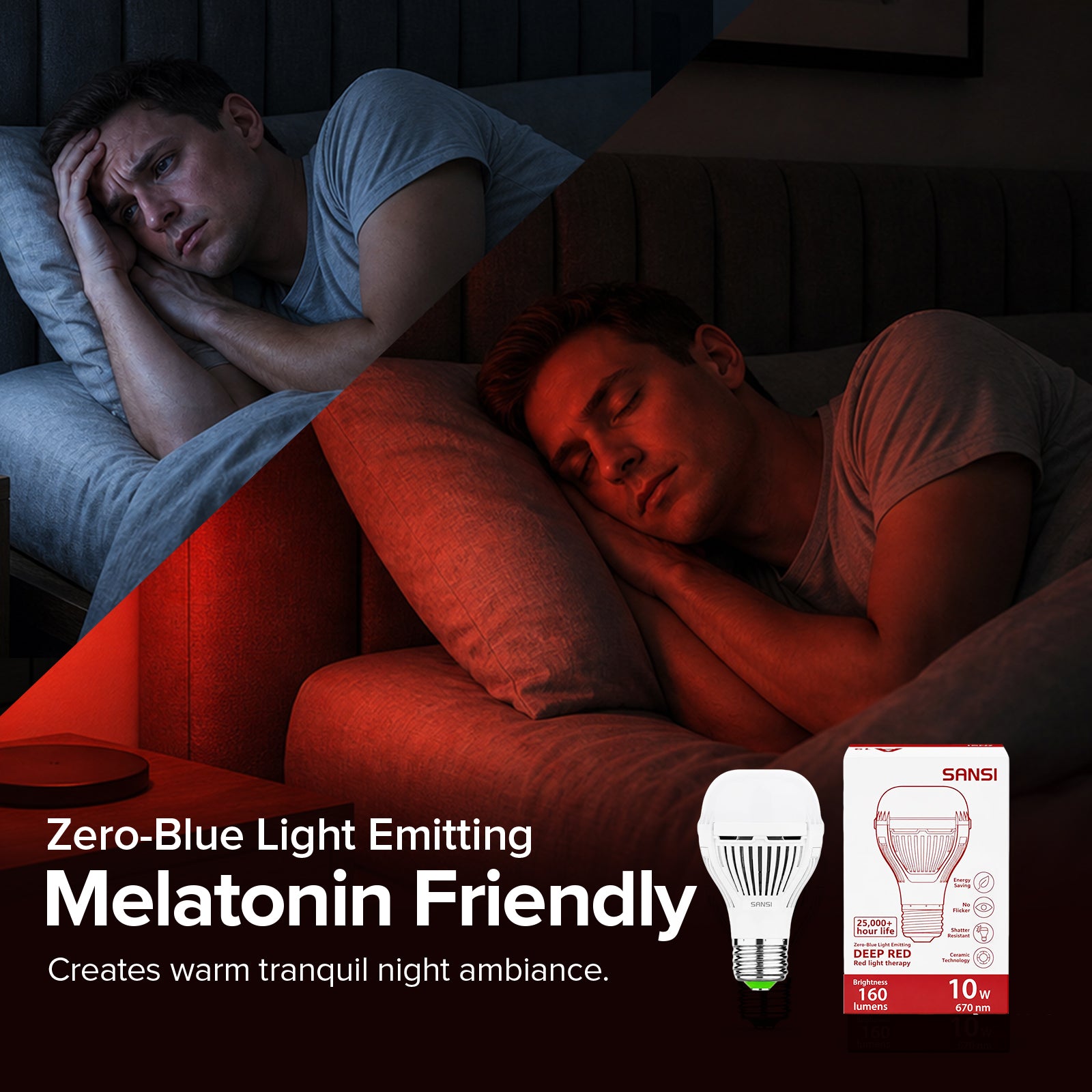 Image of SANSI A19 10W red light bulb for sleep therapy creating a calm nighttime ambiance.
