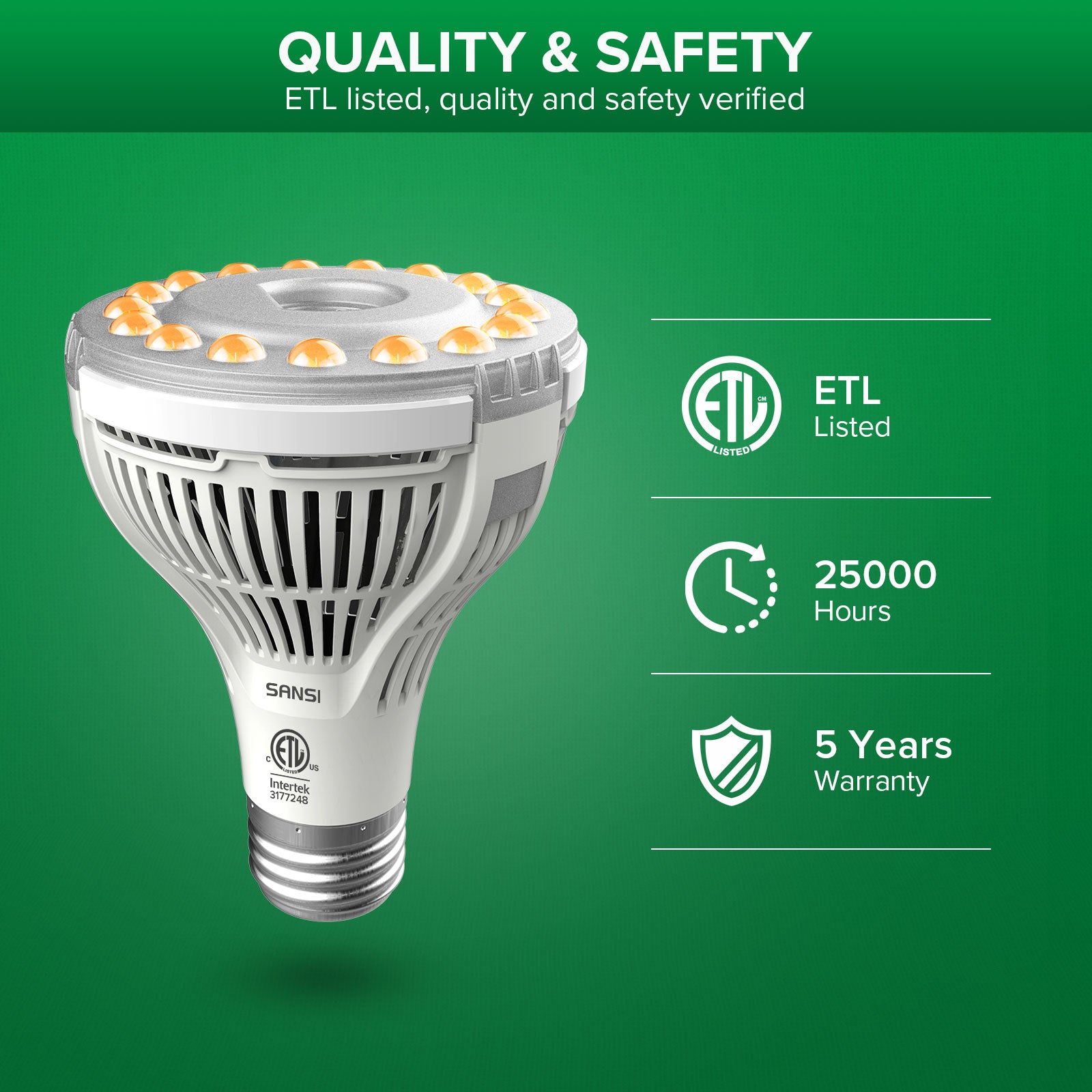 PAR25 10W Smart Grow Light Bulb with APP Control has ELT listed, quality and safety verified, 25000 hours, 5-year waranty