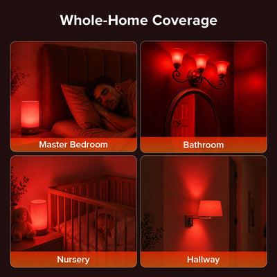 Whole-home coverage with SANSI red light bulb for sleep therapy in bedroom, bathroom, nursery, and hallway.