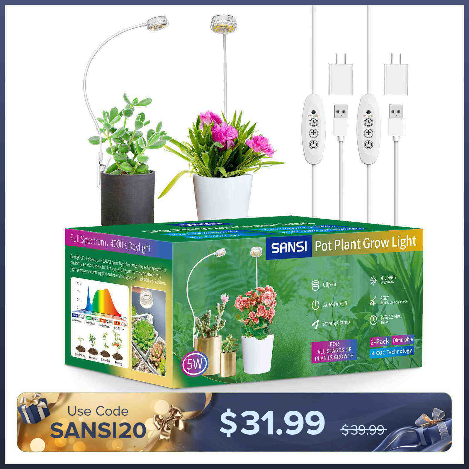 (Gift Packing) 5W Pot Clip LED Grow Light (US/CA ONLY)