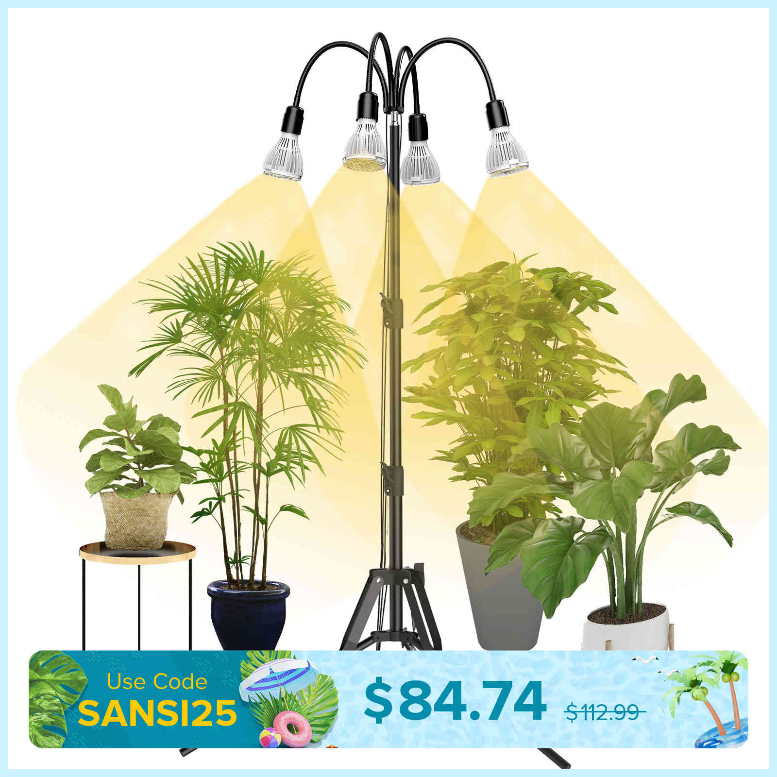 SANSI Upgraded 128W Multi-head Grow Light with Adjustable Tripod Stand (US/CA ONLY)