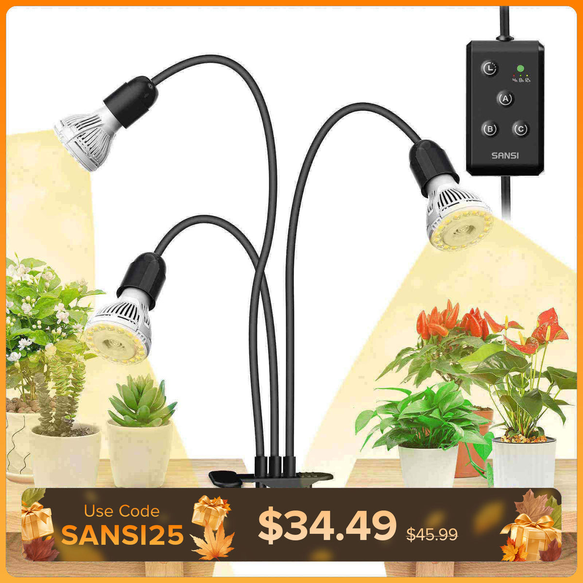 Lampada LED da coltivazione a clip regolabile a 3 teste da 30 W con timer