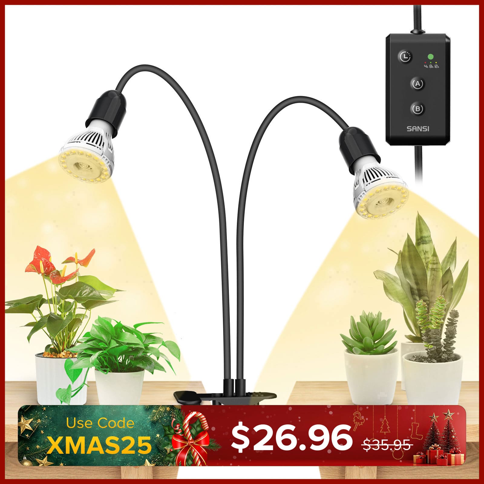 20W Adjustable 2-Head Clip-on LED Grow Light With Timer/No Timer