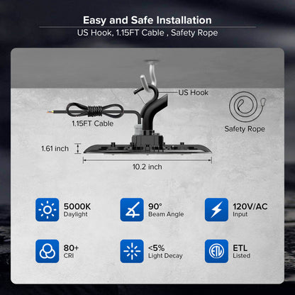 Easy and Safe Installation：US Hook, 1.15FT Cable , Safety Rope.