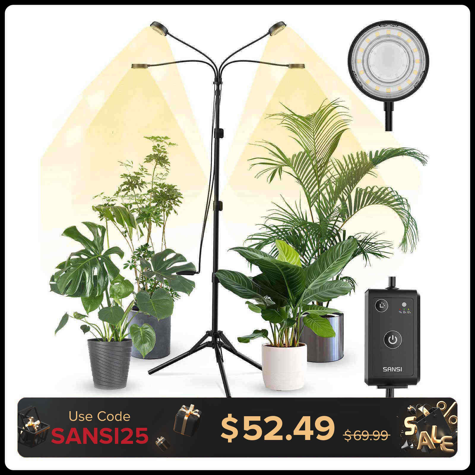 SANSI 40W 4-Head Adjustable Tripod Stand Grow Light with Remote Control