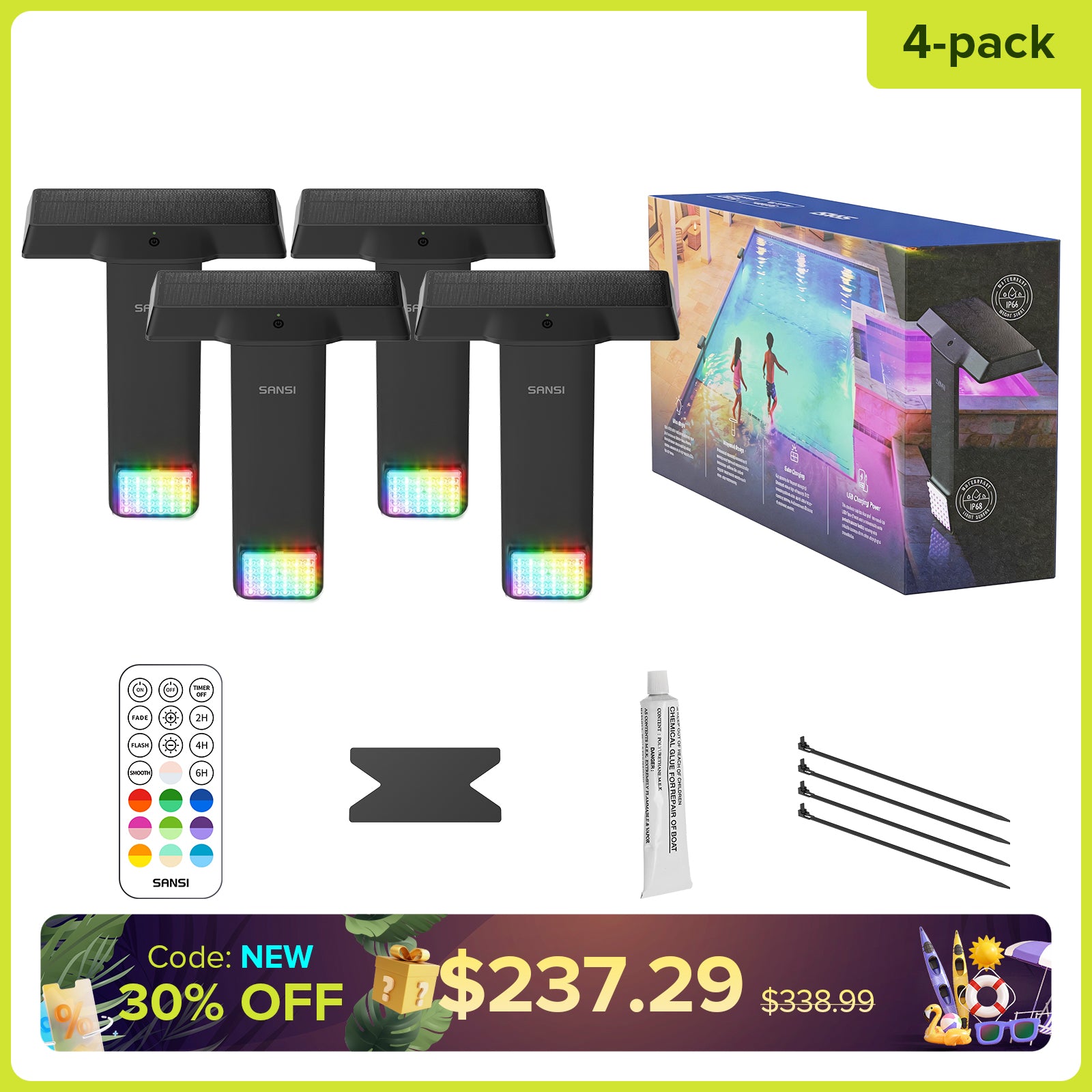 SANSI Lampe de piscine LED RGB solaire avec télécommande