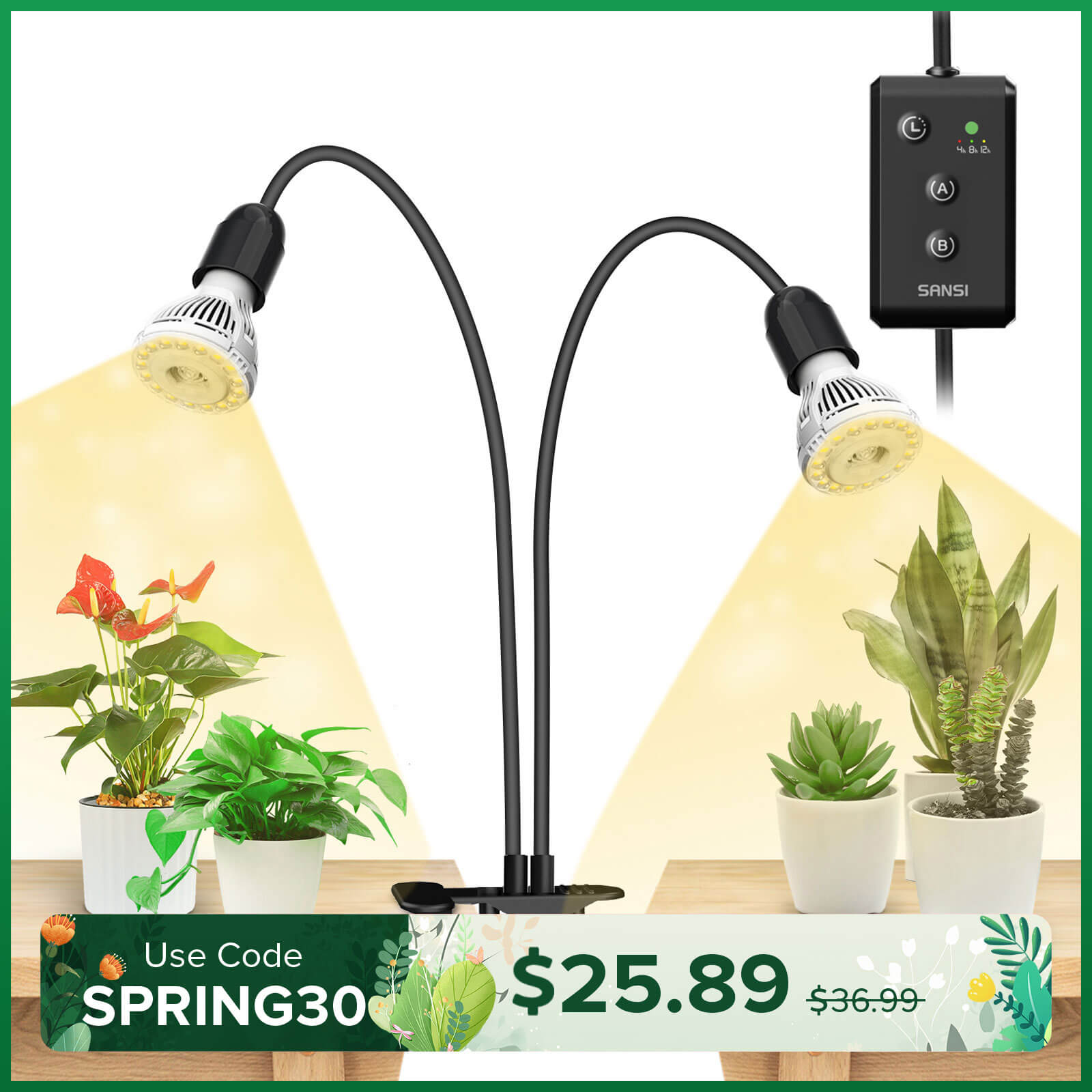 20W Adjustable 2-Head Clip-on LED Grow Light With Timer