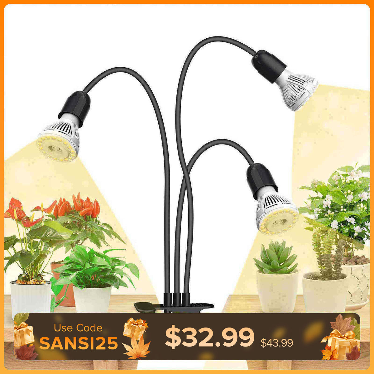 30 W verstellbares 3-Kopf-LED-Pflanzenlicht zum Anklemmen (NUR USA/Kanada) 