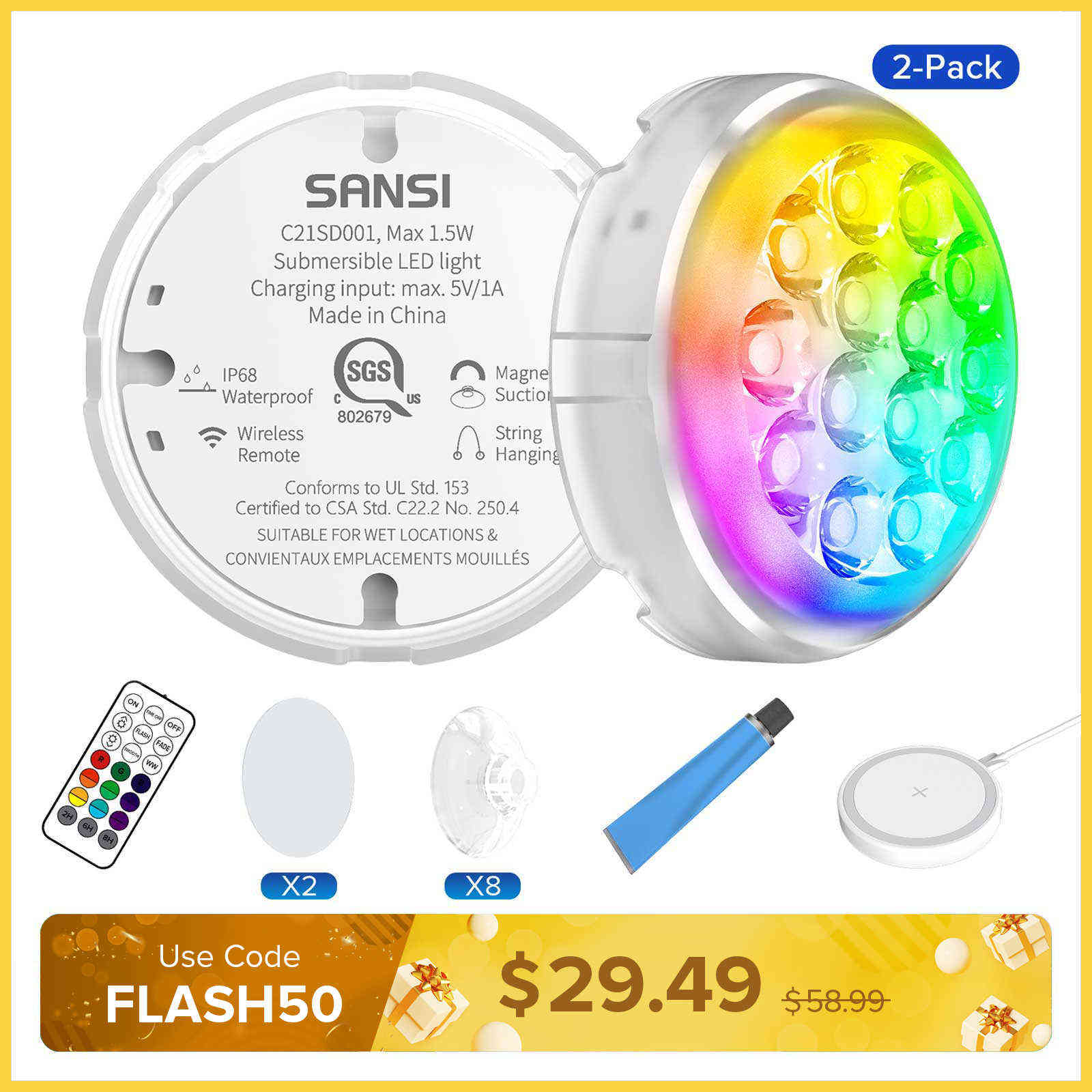Wireless Charging LED Pool Light with Remote Control(US ONLY)