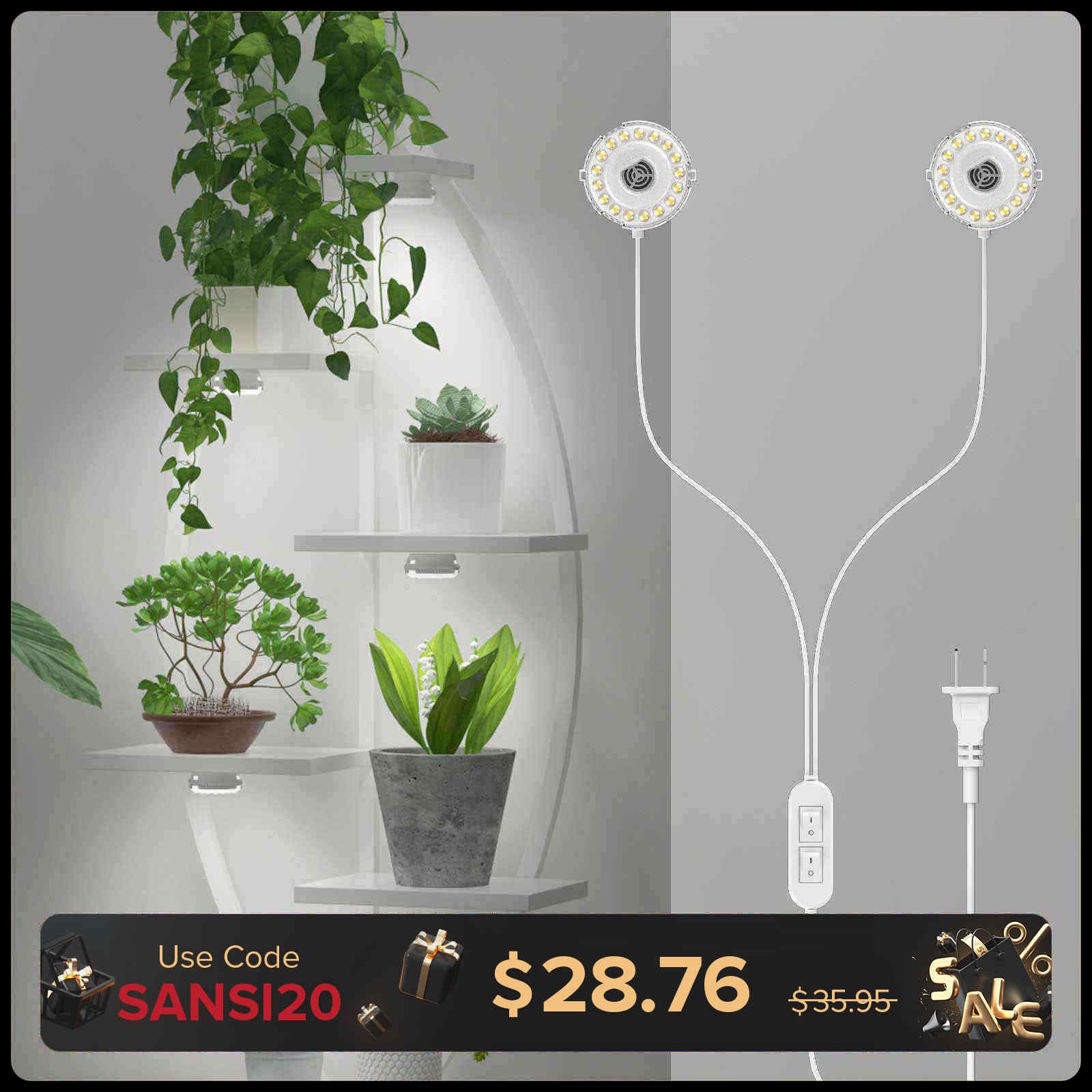 10W Full Spectrum 2-Head Grow Lights With Timer/No Timer