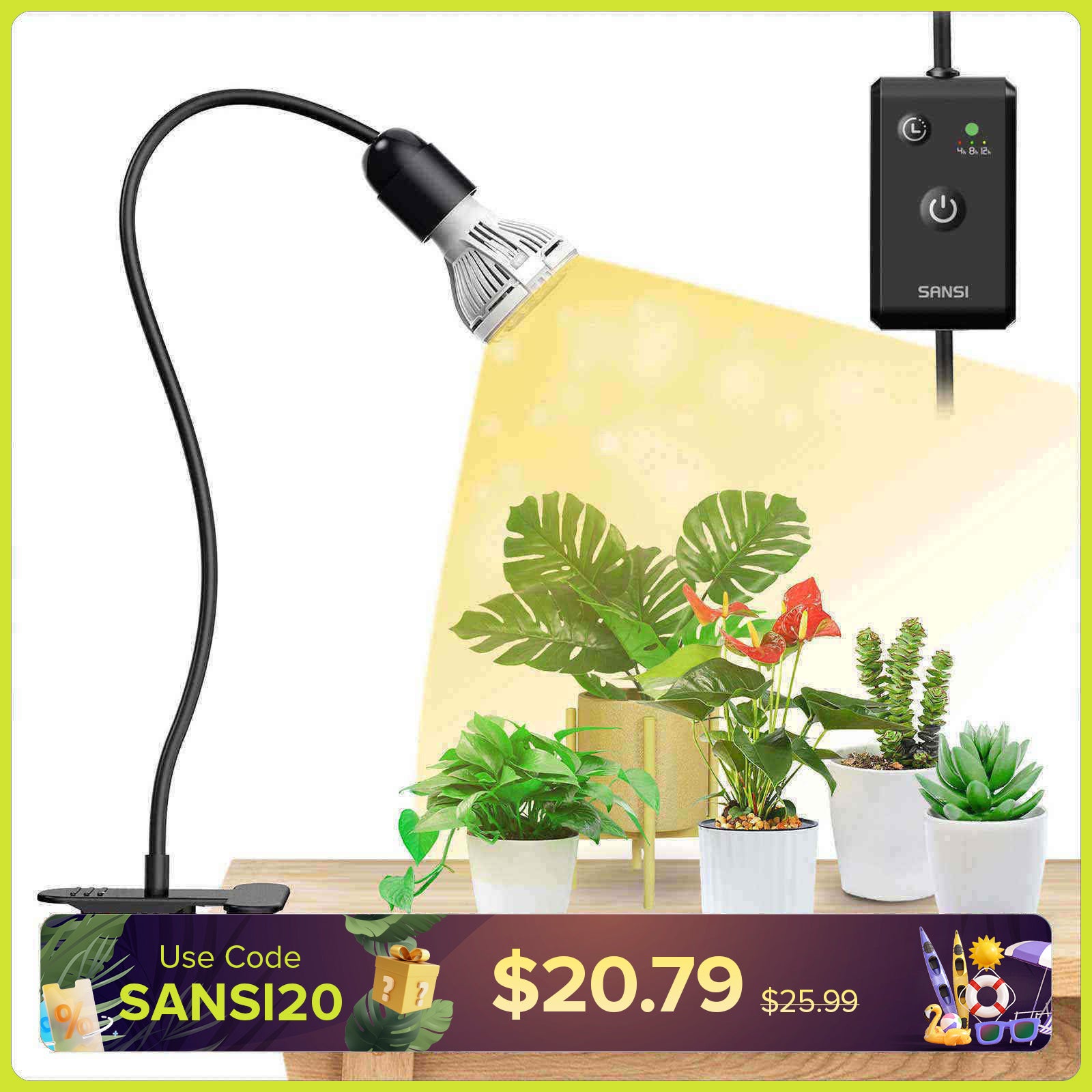10W Adjustable 1-Head Clip-on LED Grow Light with Timer (US/CA ONLY)