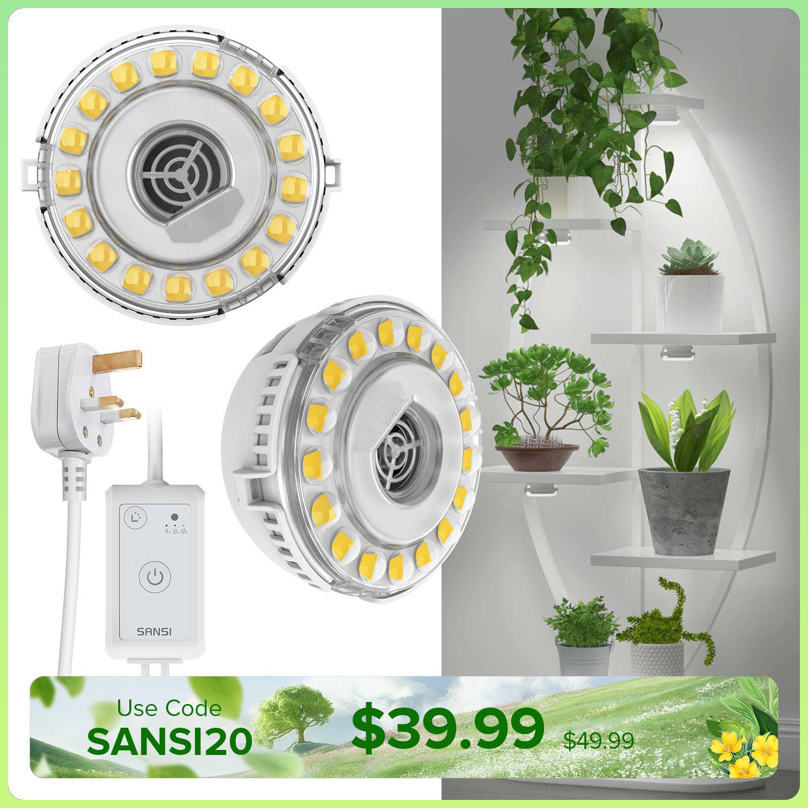 SANSI 10W LED Puck Grow Light With Timer & Dimmer