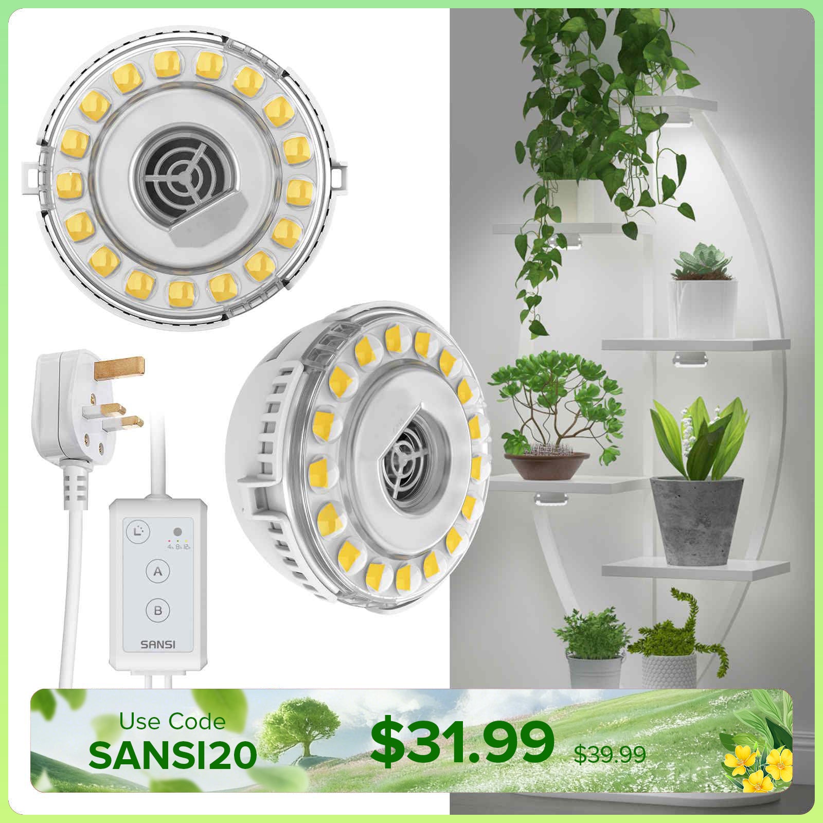 SANSI 10W LED Puck Grow Light With Timer & Dimmer