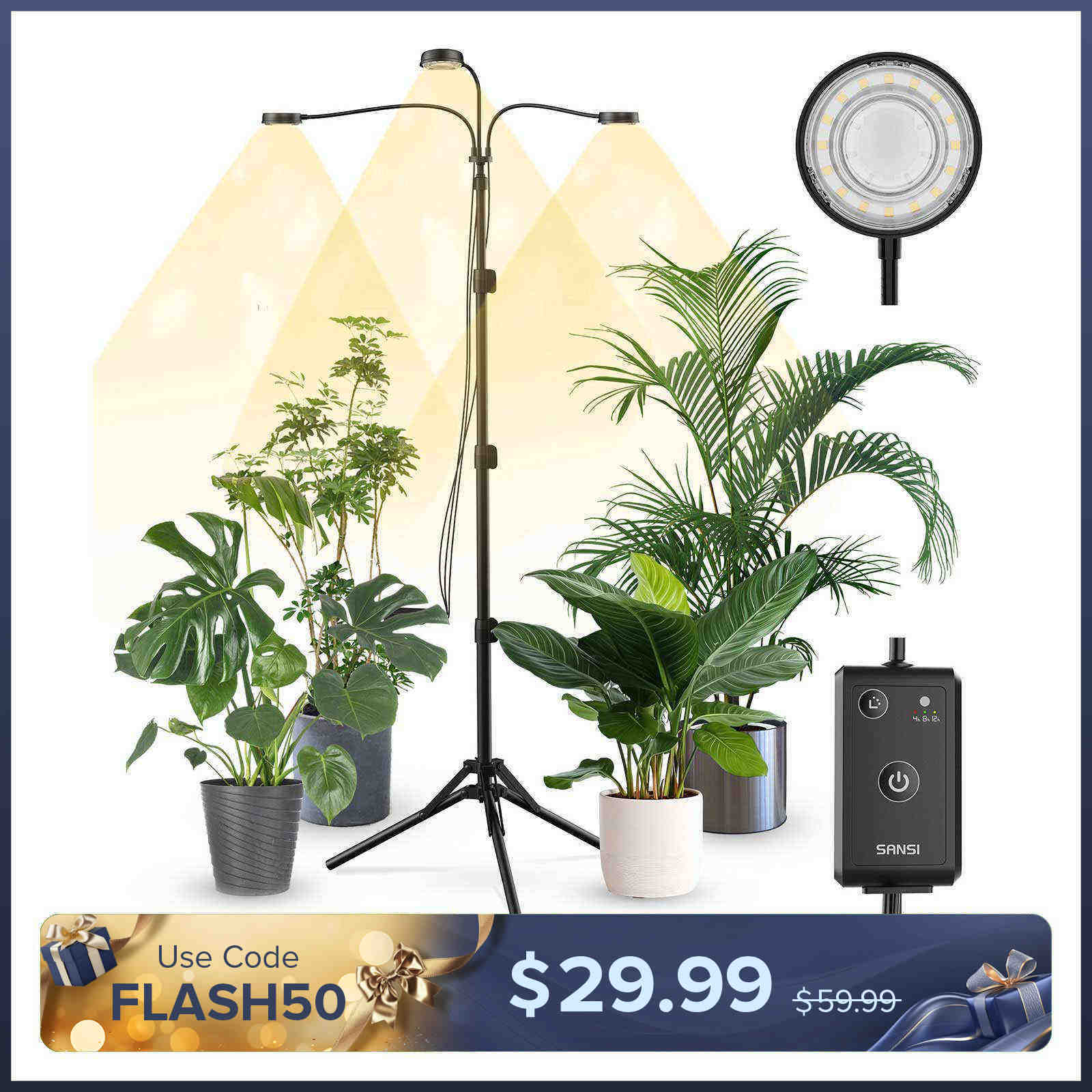 30W 3-Head Adjustable Tripod Stand Grow Light with Remote Control (US ONLY)