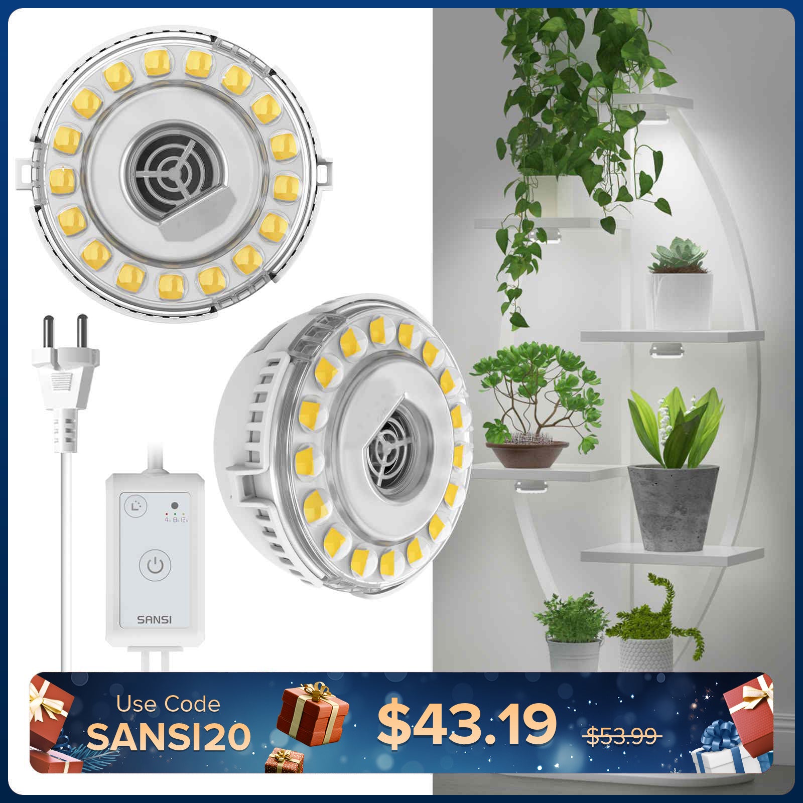 SANSI 10W LED Puck Grow Light With Timer & Dimmer