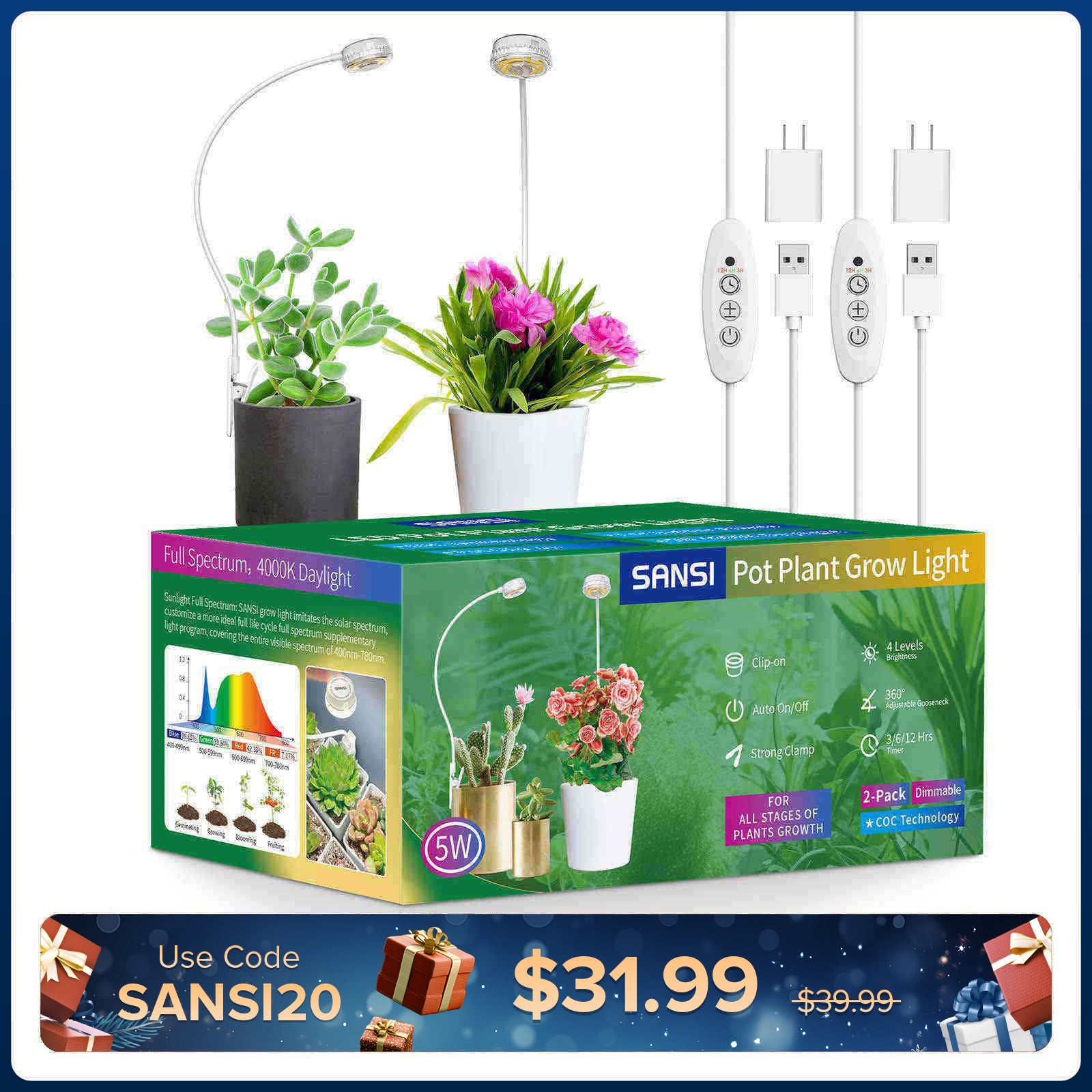 (Geschenkverpackung) 5-W-Topfclip-LED-Wachstumslicht (NUR USA)