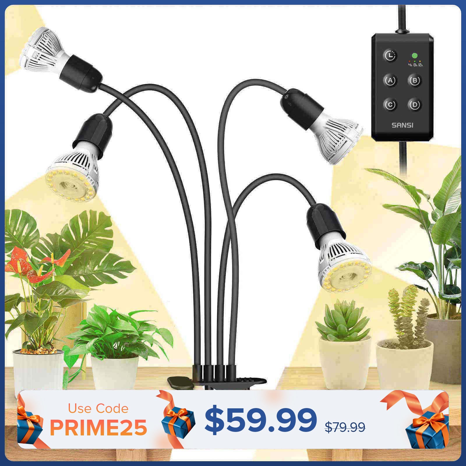 40W Adjustable 4-Head Clip-on LED Grow Light with Timer