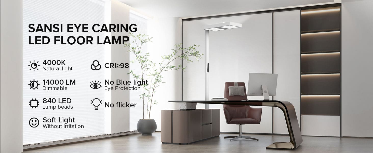 SANSI 82" Tall 150W LED Floor Lamp Modern, 4000K Natural Daylight, 14000LM Dimmable Bright Reading Work Light, Upgraded Reflective Patented Eye Caring Study Lamp for Studio Office Living Room Bedroom.