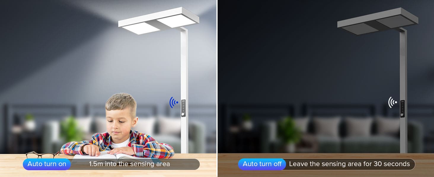150W LED Floor Lamp with high-precision radar sensing technology, Auto turn on 1.5m into the sensing area and Auto turn off when leave the sensing area for 30 seconds.