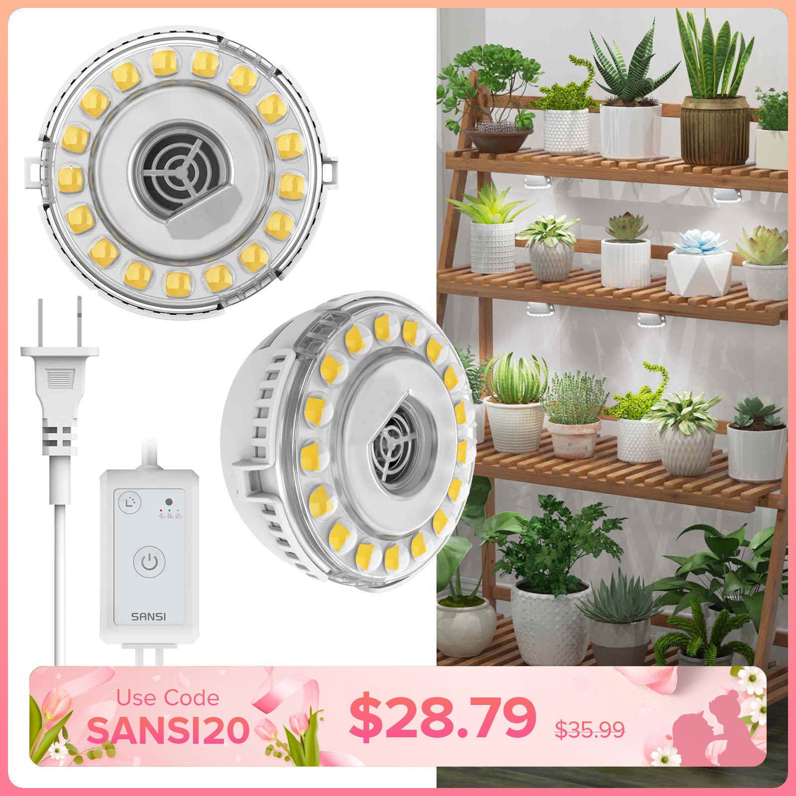 SANSI 10W LED Puck Grow Light With Timer & Dimmer