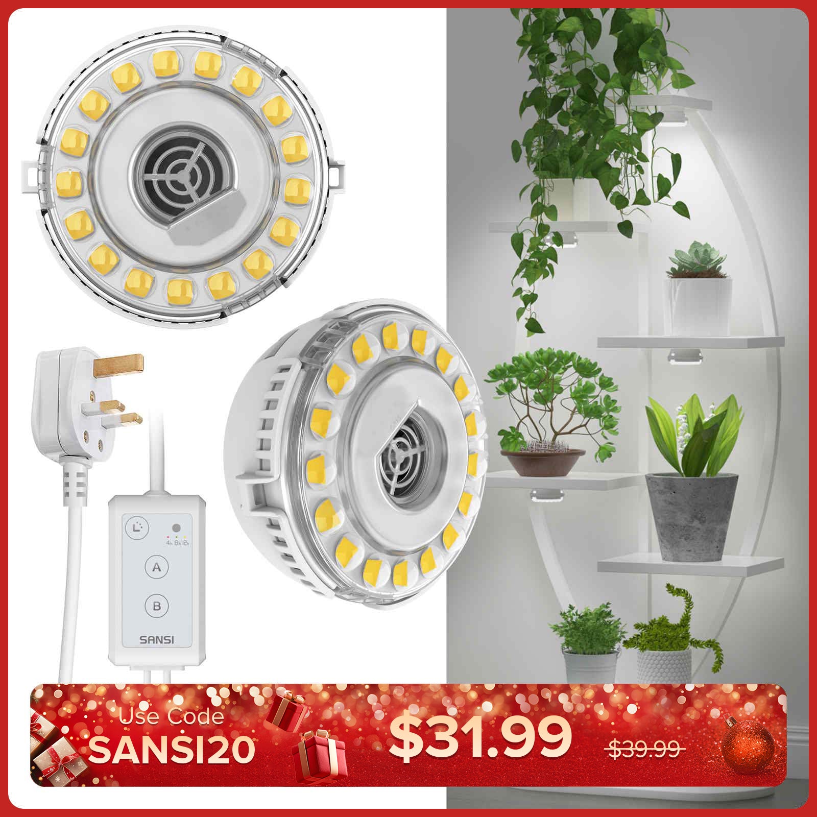 SANSI 10W LED Puck Pflanzenlampe mit Timer und Dimmer