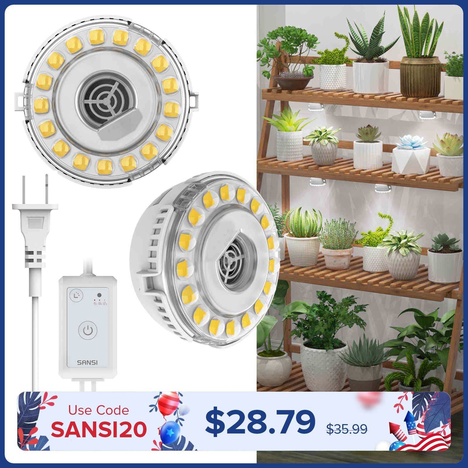 SANSI 10W LED Puck Grow Light With Timer & Dimmer