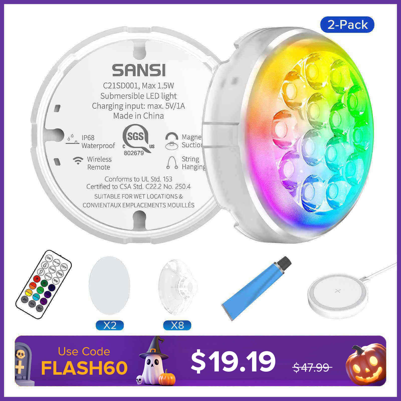 Wireless Charging LED Pool Light with Remote Control(US ONLY)
