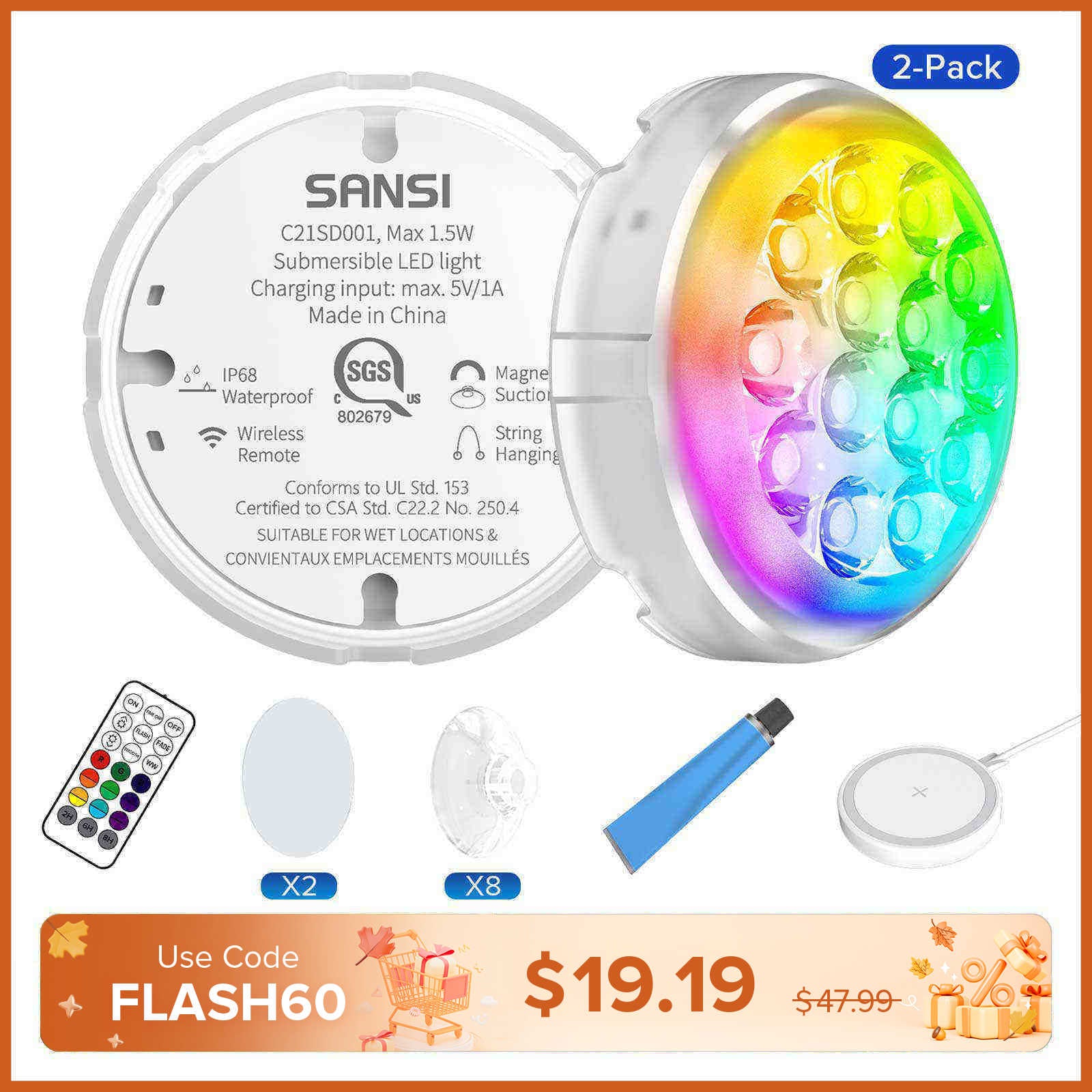 Wireless Charging LED Pool Light with Remote Control(US ONLY)