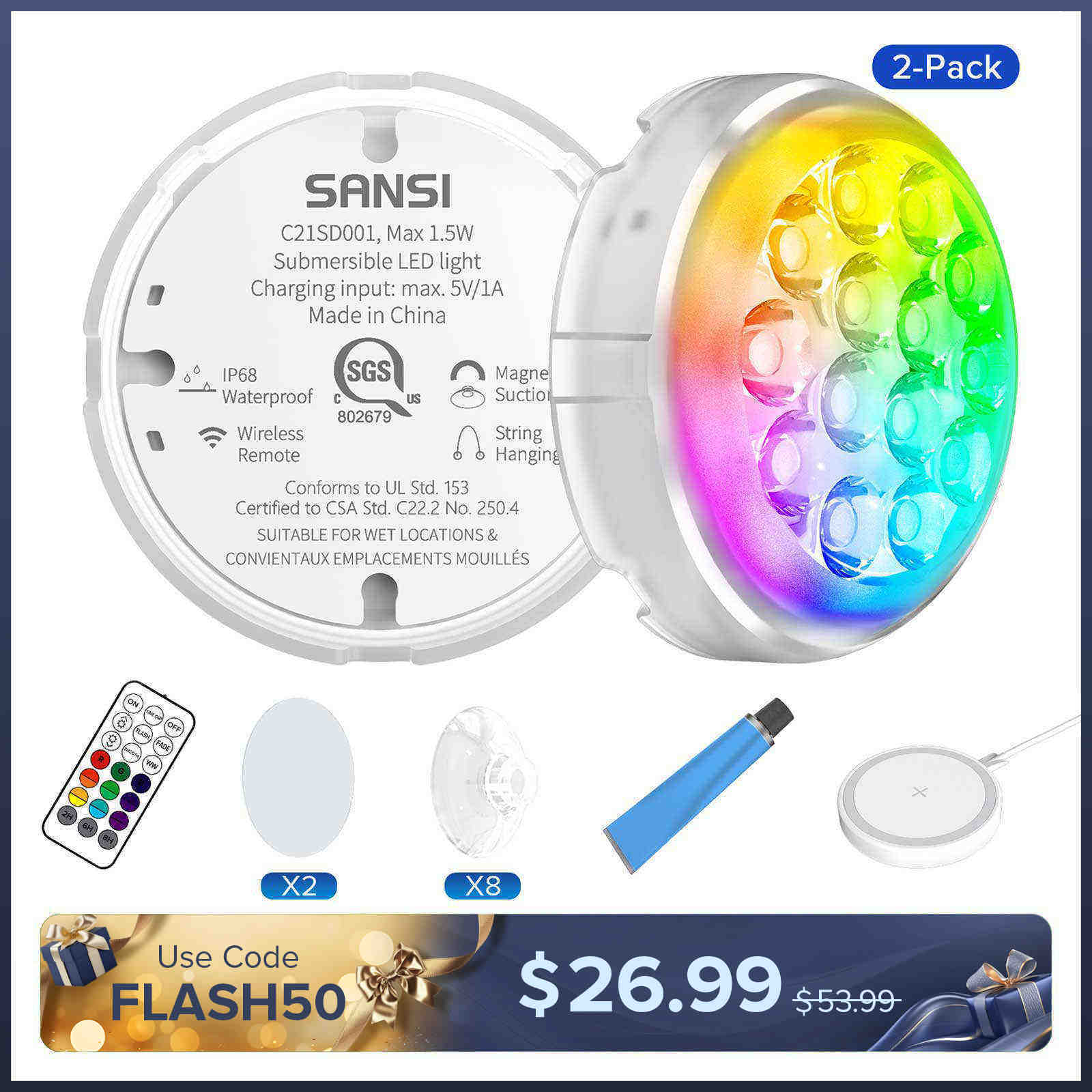 Wireless Charging LED Pool Light with Remote Control(US ONLY)