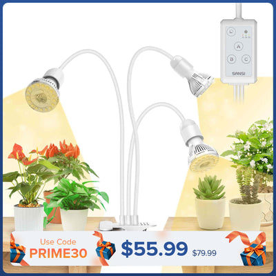 Lampada LED per la coltivazione SANSI da 30 W, regolabile, a 3 teste, con clip e timer, bianca