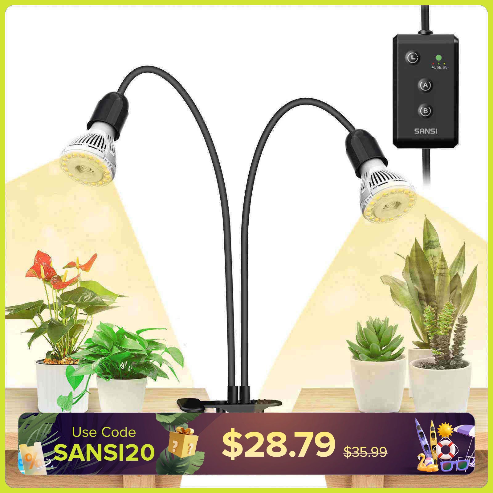 20W Adjustable 2-Head Clip-on LED Grow Light With Timer