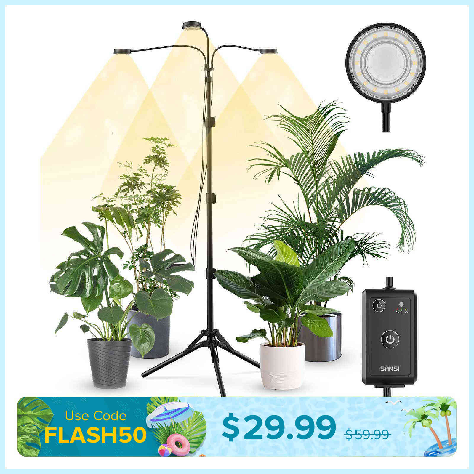 30W 3-Head Adjustable Tripod Stand Grow Light with Remote Control (US ONLY)