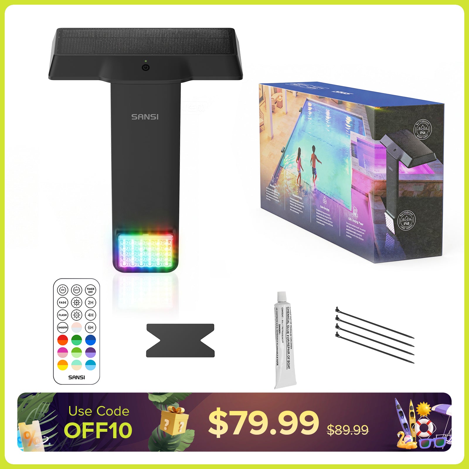 SANSI Solar RGB LED Pool Light with Remote Control