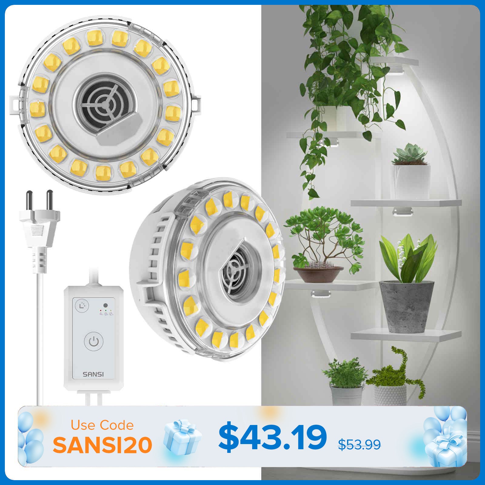 SANSI 10W LED Puck Grow Light With Timer & Dimmer