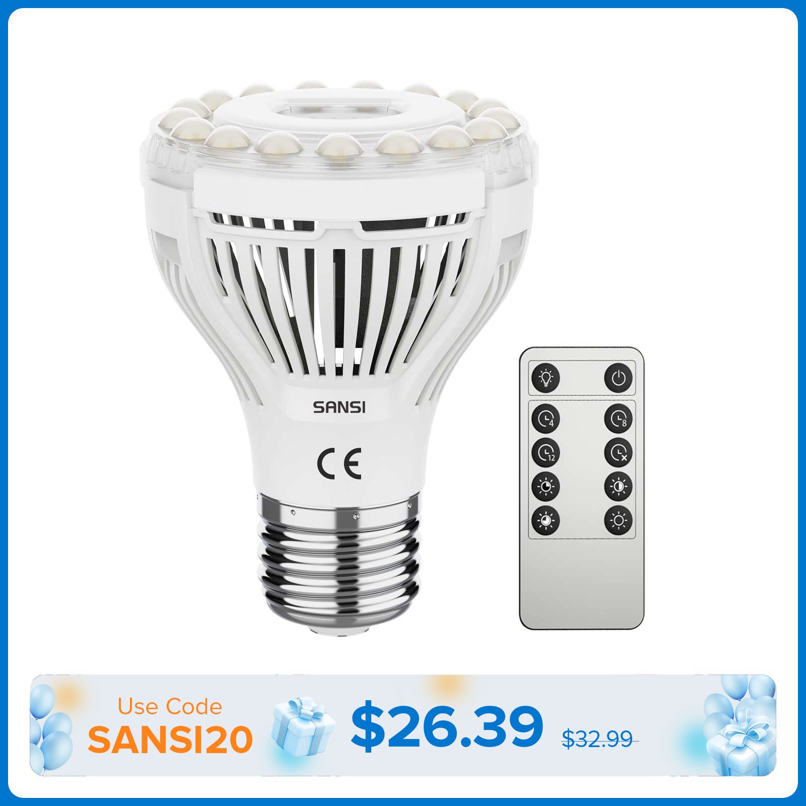 SANSI PAR20 4.5W LED Grow Light Bulb With Remote Control (EU/UK ONLY)