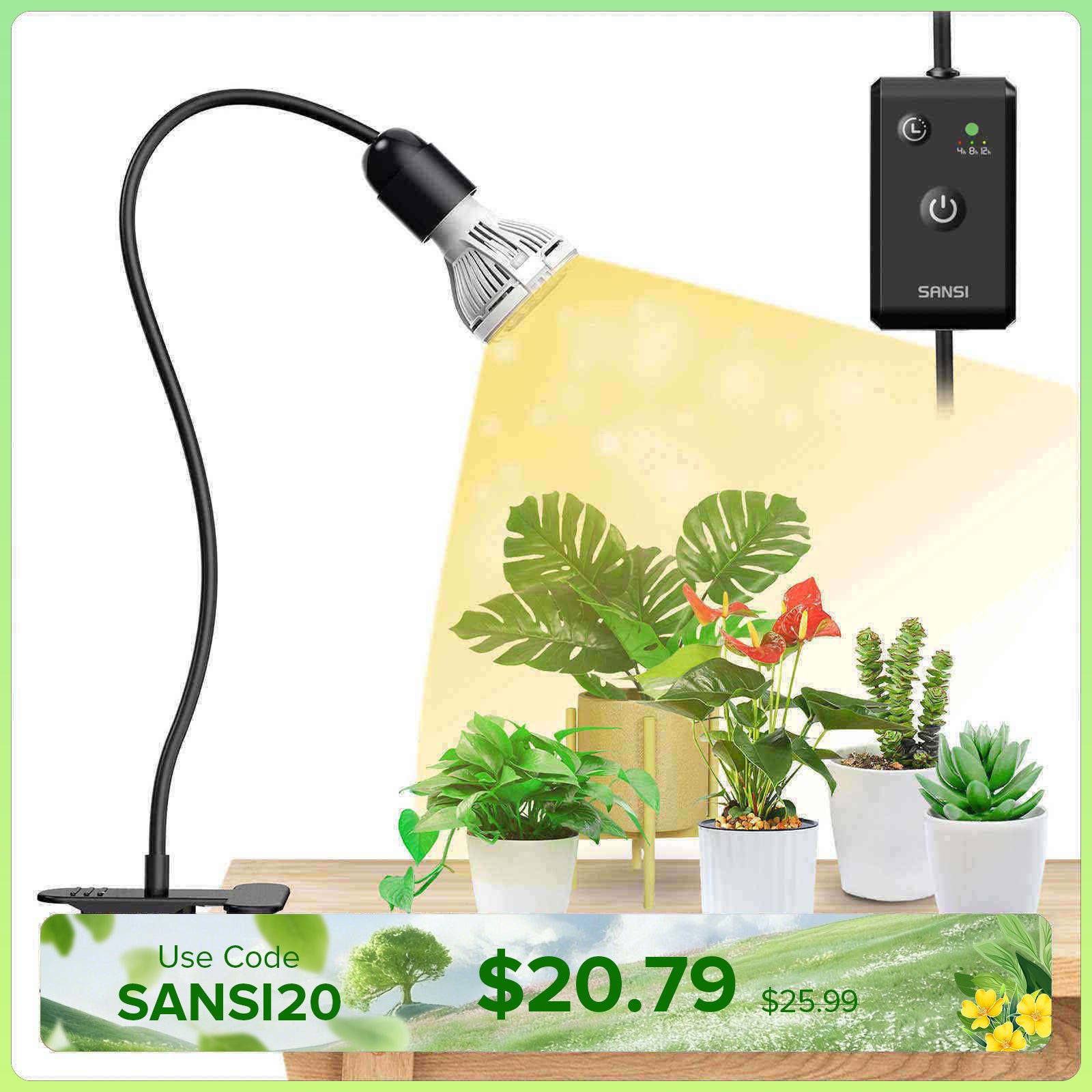 10W Adjustable 1-Head Clip-on LED Grow Light with Timer (US/CA ONLY)