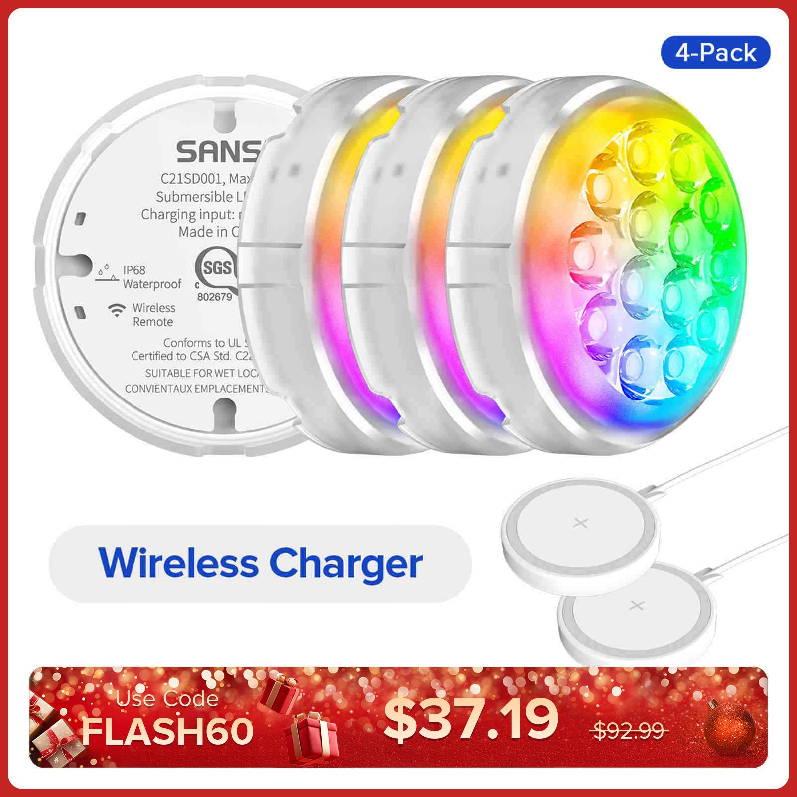 Kabellos aufladbares LED-Poollicht mit Fernbedienung (NUR USA)