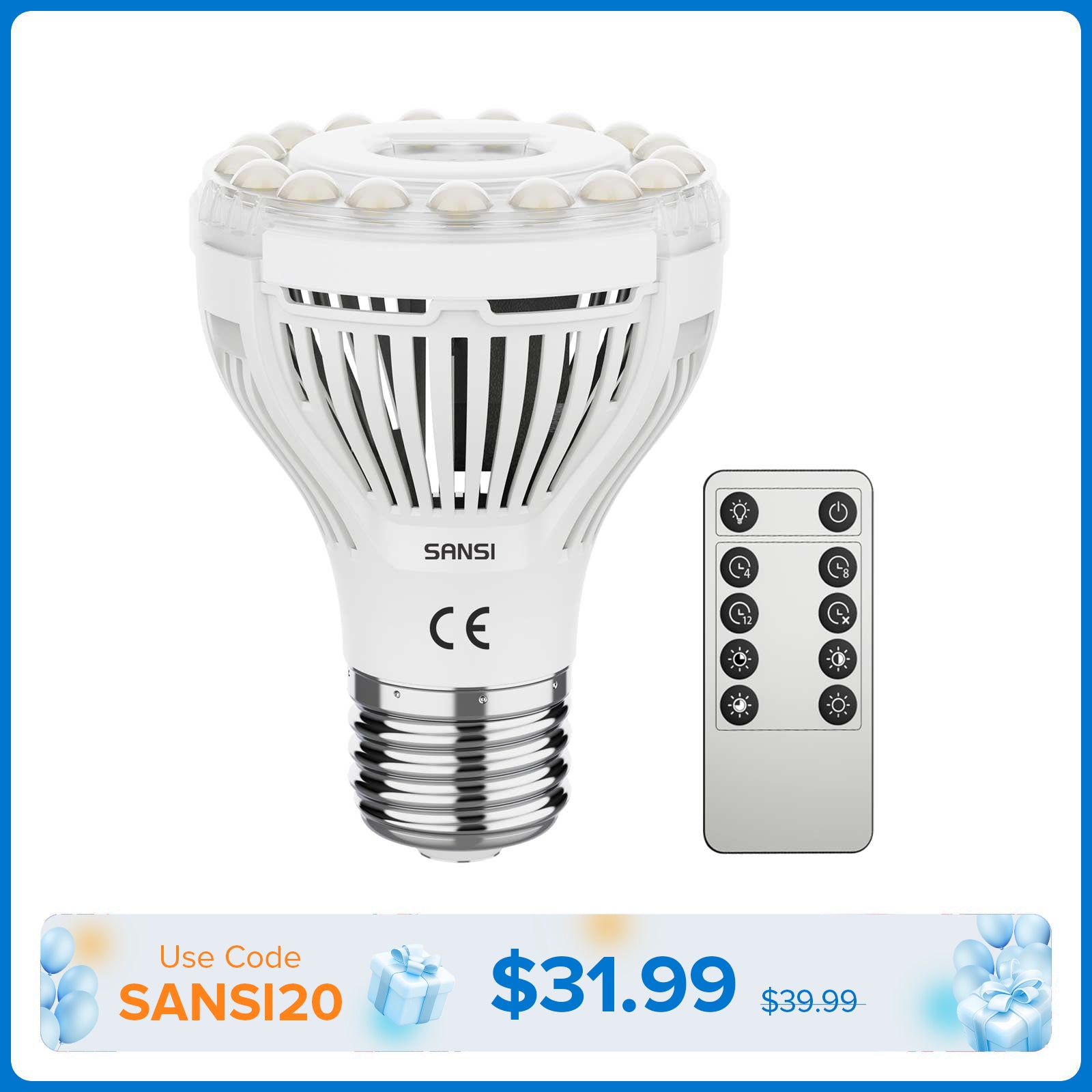 SANSI PAR20 4.5W LED Grow Light Bulb With Remote Control (EU/UK ONLY)