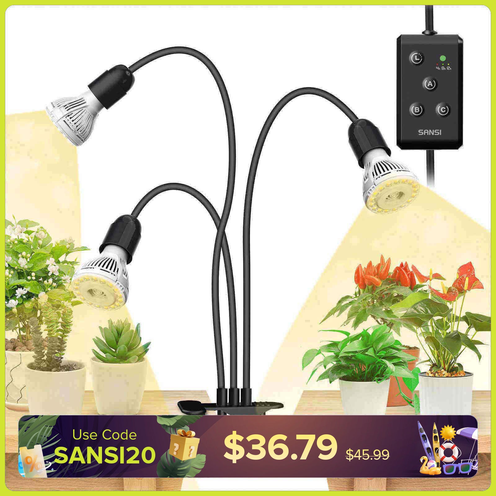 30W Adjustable 3-Head Clip-on LED Grow Light with Timer