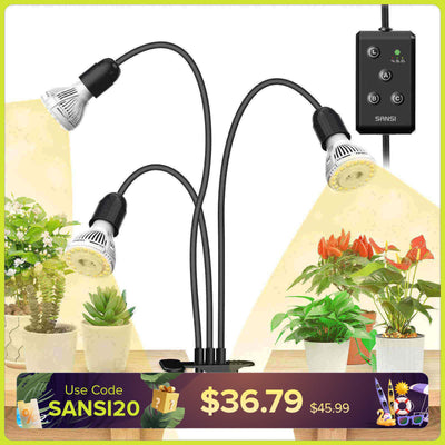 30-W-LED-Pflanzenlampe mit 3 verstellbaren Köpfen und Timer zum Anklemmen.