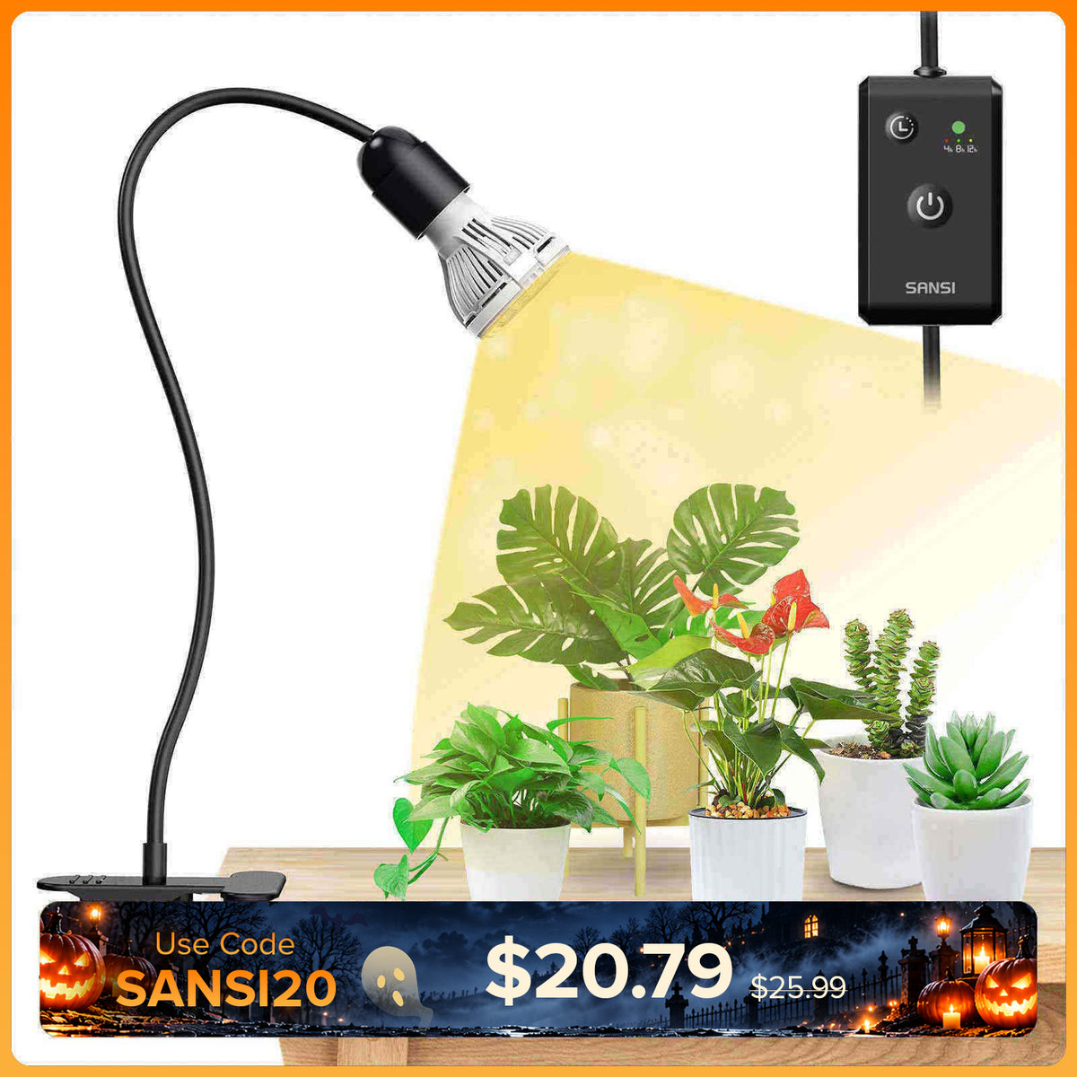SANSI 10W Adjustable 1-Head Clip-on LED Grow Light with Timer (US/CA ONLY)