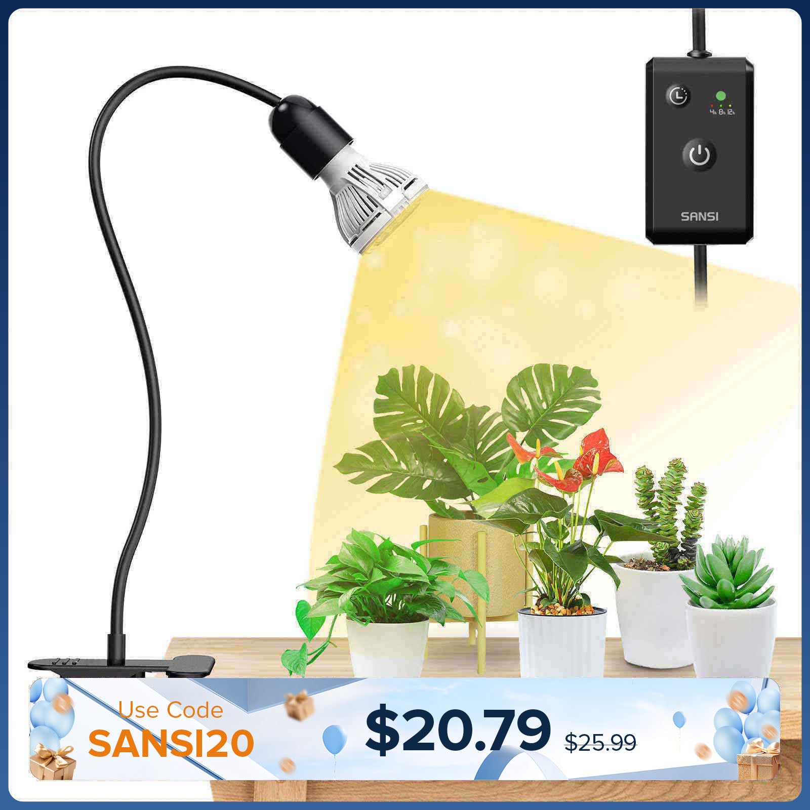 10W Verstellbare 1-Kopf-Clip-on-LED-Pflanzenlampe mit Timer (NUR USA/Kanada)
