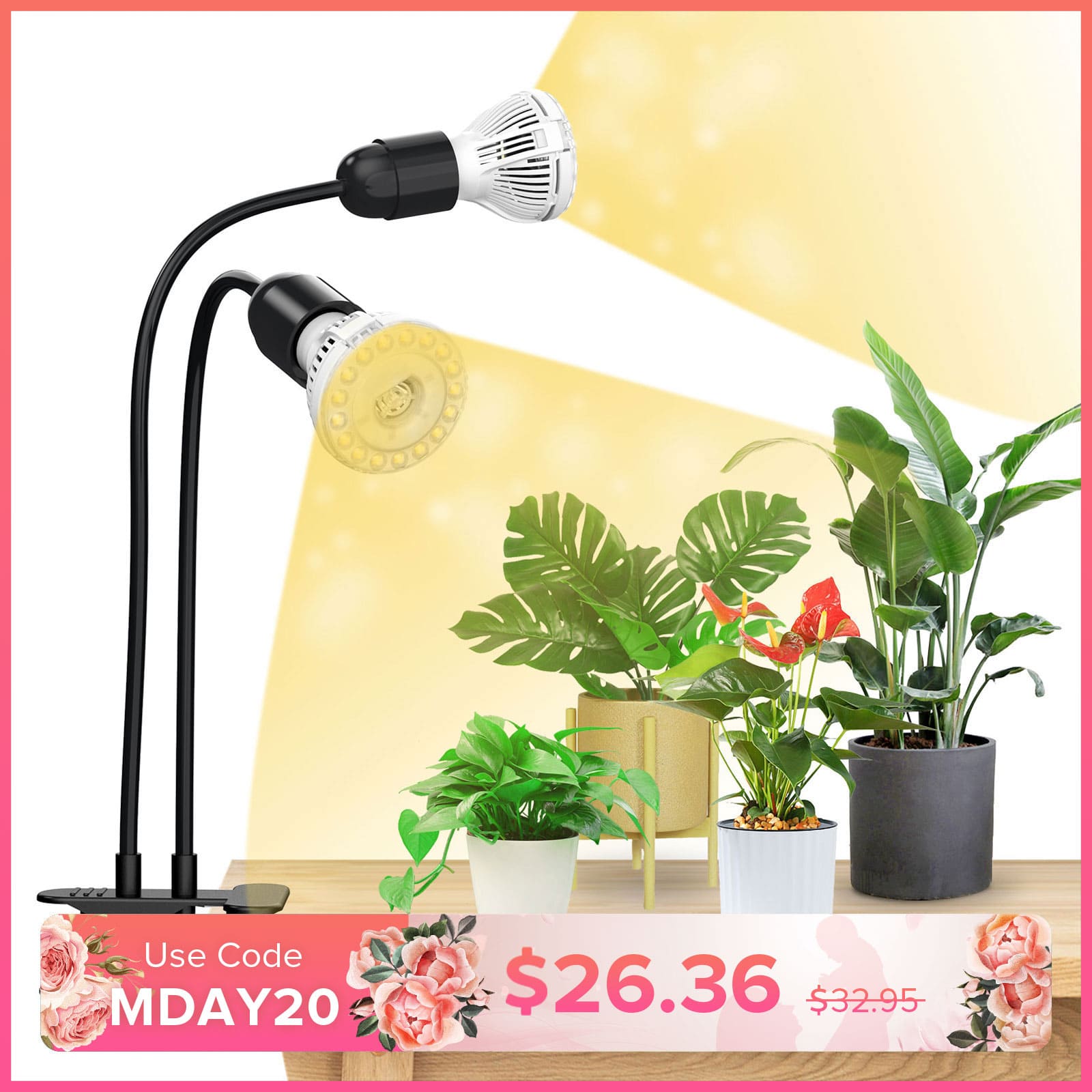 20W Adjustable 2-Head Clip-on LED Grow Light With Timer/No Timer