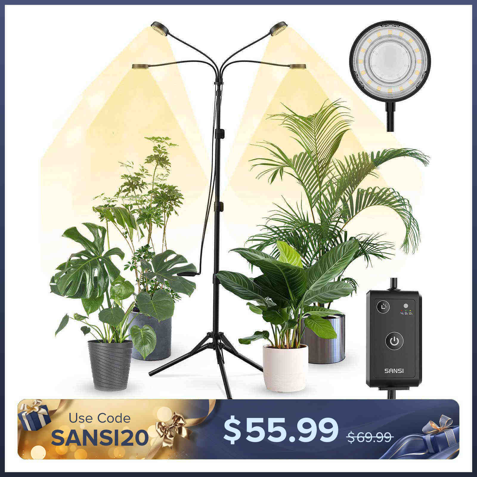 SANSI 40W 4-Head Adjustable Tripod Stand Grow Light with Remote Control