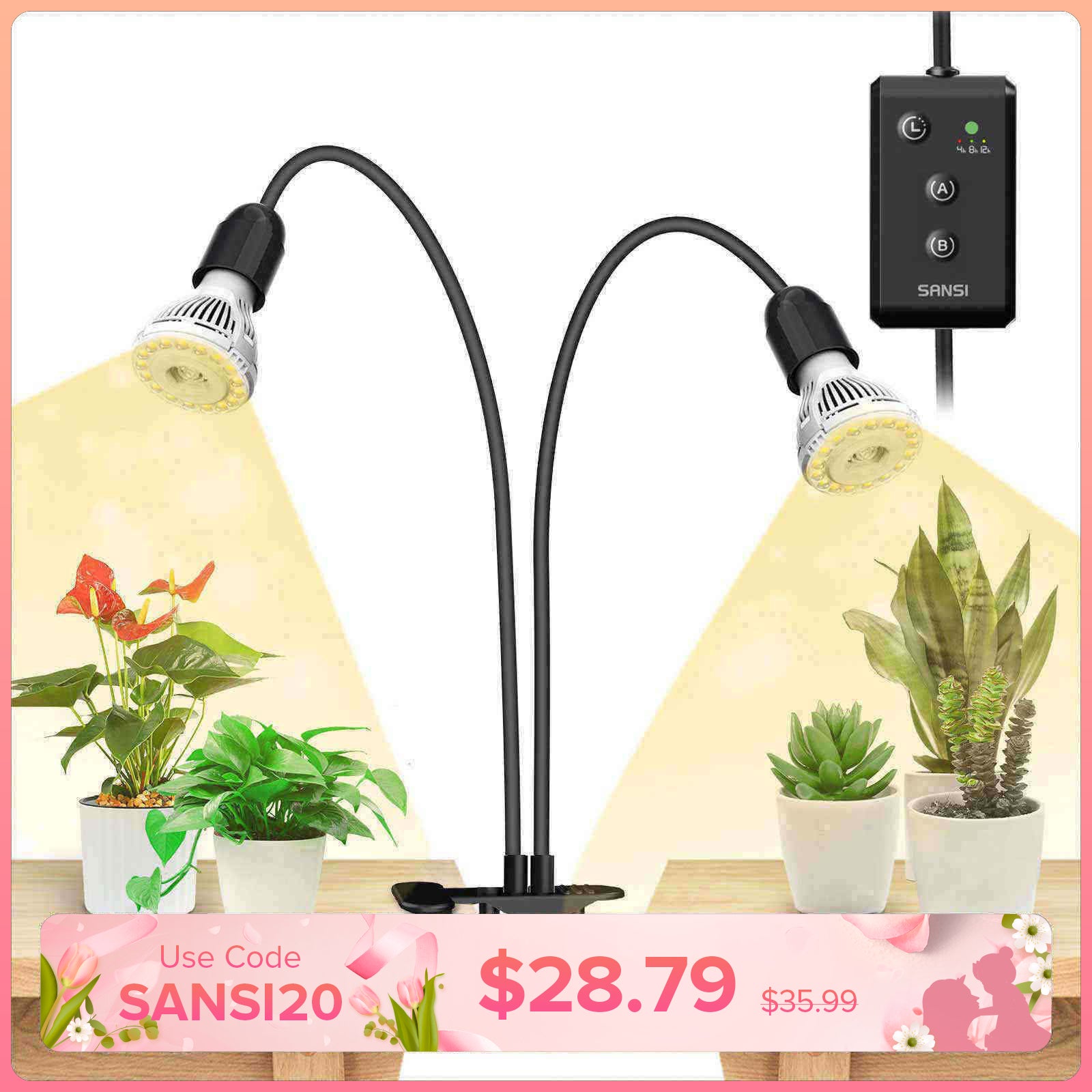 20W Adjustable 2-Head Clip-on LED Grow Light With Timer